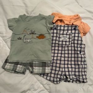 Carters baby boy 3M overall orange polo outfit and green tshirt and plaid shorts